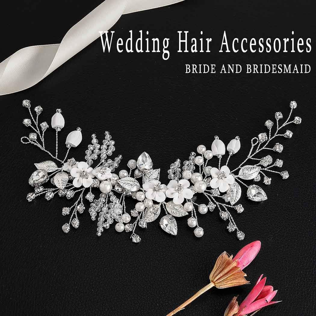 Catery Flower Bridal Hair Vine Silver Crystal Pearl Bride Wedding Headpieces Leaf Hair Accessories for Women and Girls - görsel 3