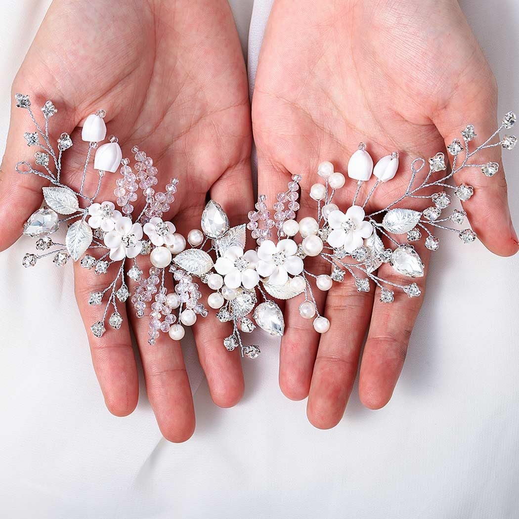 Catery Flower Bridal Hair Vine Silver Crystal Pearl Bride Wedding Headpieces Leaf Hair Accessories for Women and Girls - görsel 6