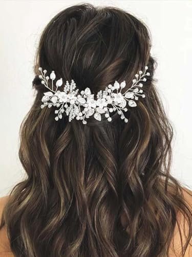 Catery Flower Bridal Hair Vine Silver Crystal Pearl Bride Wedding Headpieces Leaf Hair Accessories for Women and Girls - görsel 2