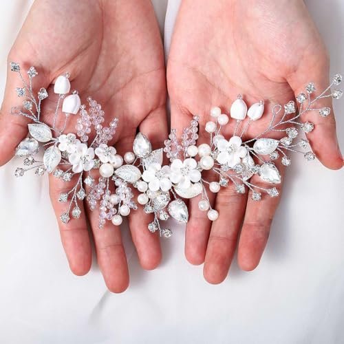 Catery Flower Bridal Hair Vine Silver Crystal Pearl Bride Wedding Headpieces Leaf Hair Accessories for Women and Girls - görsel 7