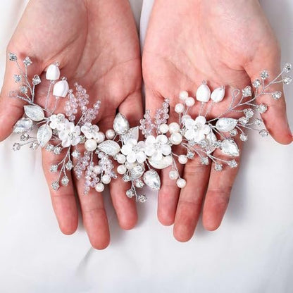 Catery Flower Bridal Hair Vine Silver Crystal Pearl Bride Wedding Headpieces Leaf Hair Accessories for Women and Girls