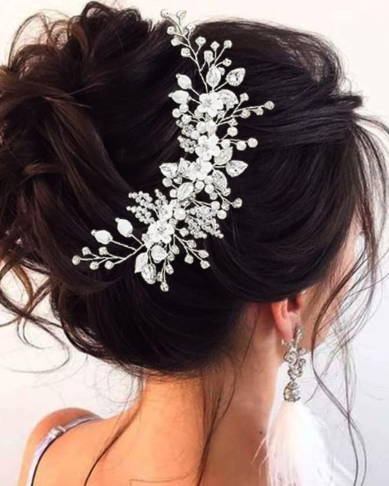 Catery Flower Bridal Hair Vine Silver Crystal Pearl Bride Wedding Headpieces Leaf Hair Accessories for Women and Girls - görsel 5