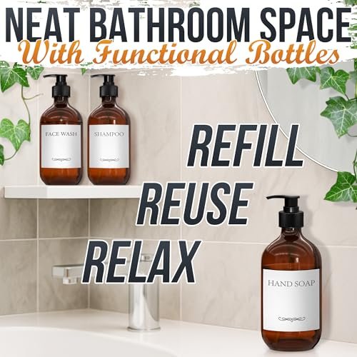 Plastic Amber Soap Dispenser with Pump Set of 3 – 16 oz Refillable Shampoo and Conditioner Bottles – Durable & Reusable for Hand Soap, Dish Soap, Lotion, Gel, Body Wash Avelisse