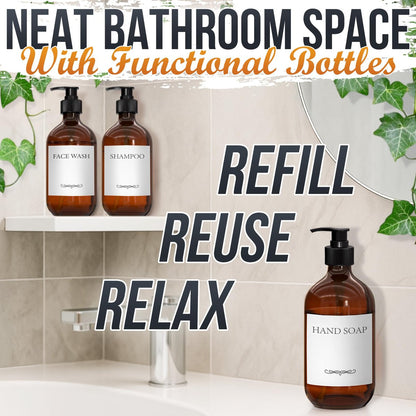 Plastic Amber Soap Dispenser with Pump Set of 3 – 16 oz Refillable Shampoo and Conditioner Bottles – Durable & Reusable for Hand Soap, Dish Soap, Lotion, Gel, Body Wash Avelisse
