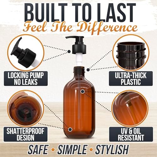 Plastic Amber Soap Dispenser with Pump Set of 3 – 16 oz Refillable Shampoo and Conditioner Bottles – Durable & Reusable for Hand Soap, Dish Soap, Lotion, Gel, Body Wash Avelisse