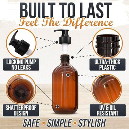 Plastic Amber Soap Dispenser with Pump Set of 3 – 16 oz Refillable Shampoo and Conditioner Bottles – Durable & Reusable for Hand Soap, Dish Soap, Lotion, Gel, Body Wash Avelisse