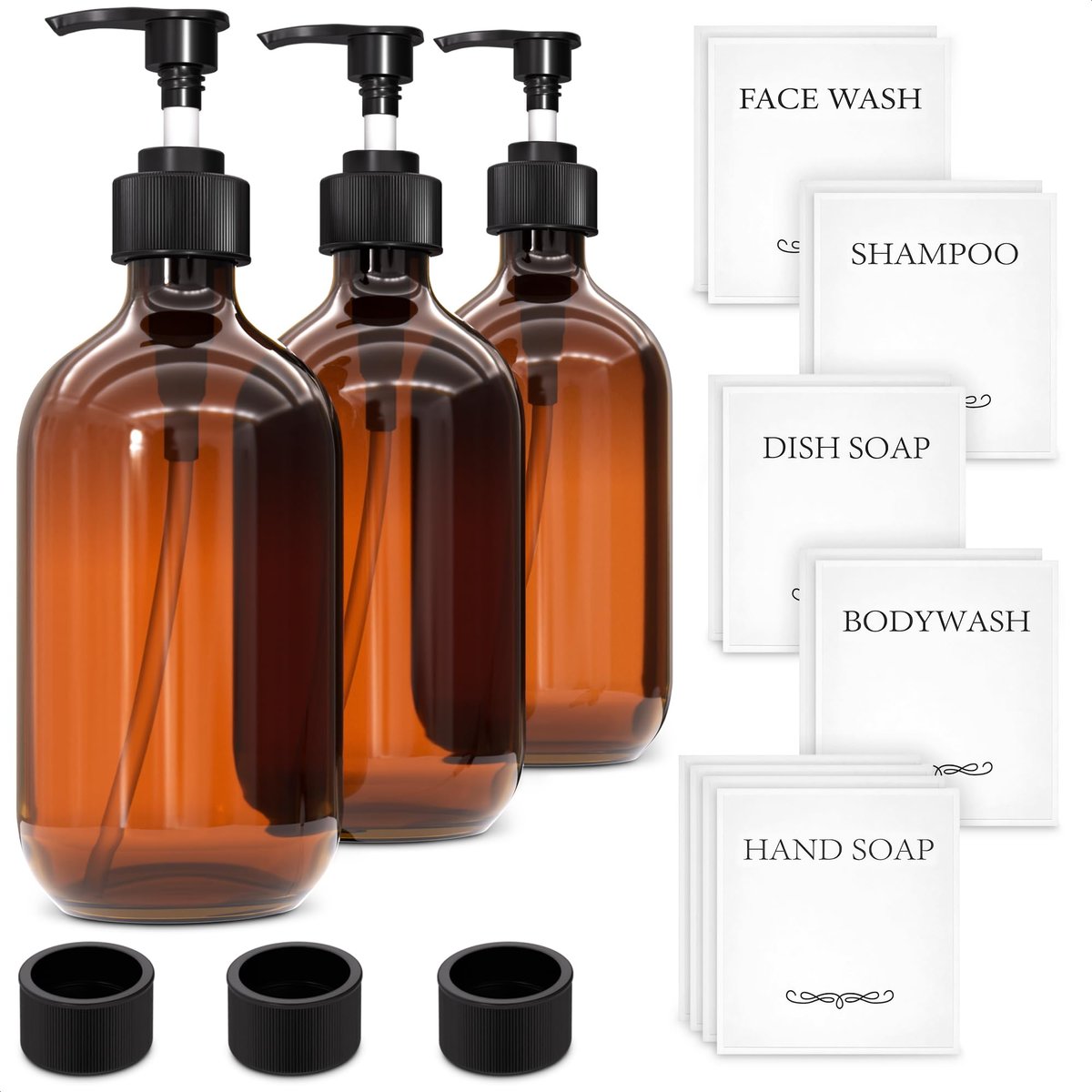 Plastic Amber Soap Dispenser with Pump Set of 3 – 16 oz Refillable Shampoo and Conditioner Bottles – Durable & Reusable for Hand Soap, Dish Soap, Lotion, Gel, Body Wash Avelisse
