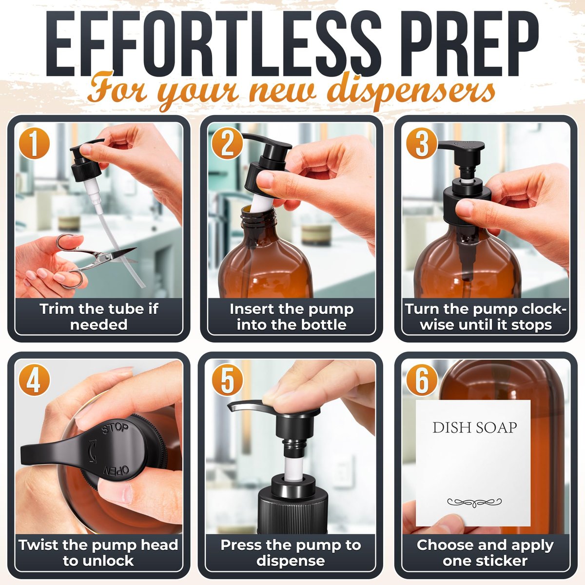 Plastic Amber Soap Dispenser with Pump Set of 3 – 16 oz Refillable Shampoo and Conditioner Bottles – Durable & Reusable for Hand Soap, Dish Soap, Lotion, Gel, Body Wash Avelisse