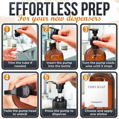 Plastic Amber Soap Dispenser with Pump Set of 3 – 16 oz Refillable Shampoo and Conditioner Bottles – Durable & Reusable for Hand Soap, Dish Soap, Lotion, Gel, Body Wash Avelisse