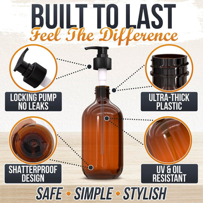 Plastic Amber Soap Dispenser with Pump Set of 3 – 16 oz Refillable Shampoo and Conditioner Bottles – Durable & Reusable for Hand Soap, Dish Soap, Lotion, Gel, Body Wash Avelisse