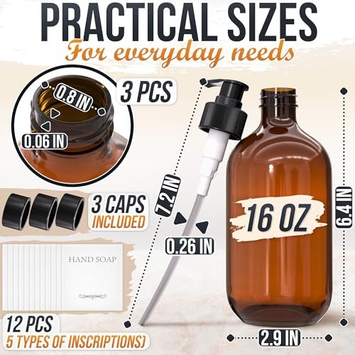 Plastic Amber Soap Dispenser with Pump Set of 3 – 16 oz Refillable Shampoo and Conditioner Bottles – Durable & Reusable for Hand Soap, Dish Soap, Lotion, Gel, Body Wash Avelisse