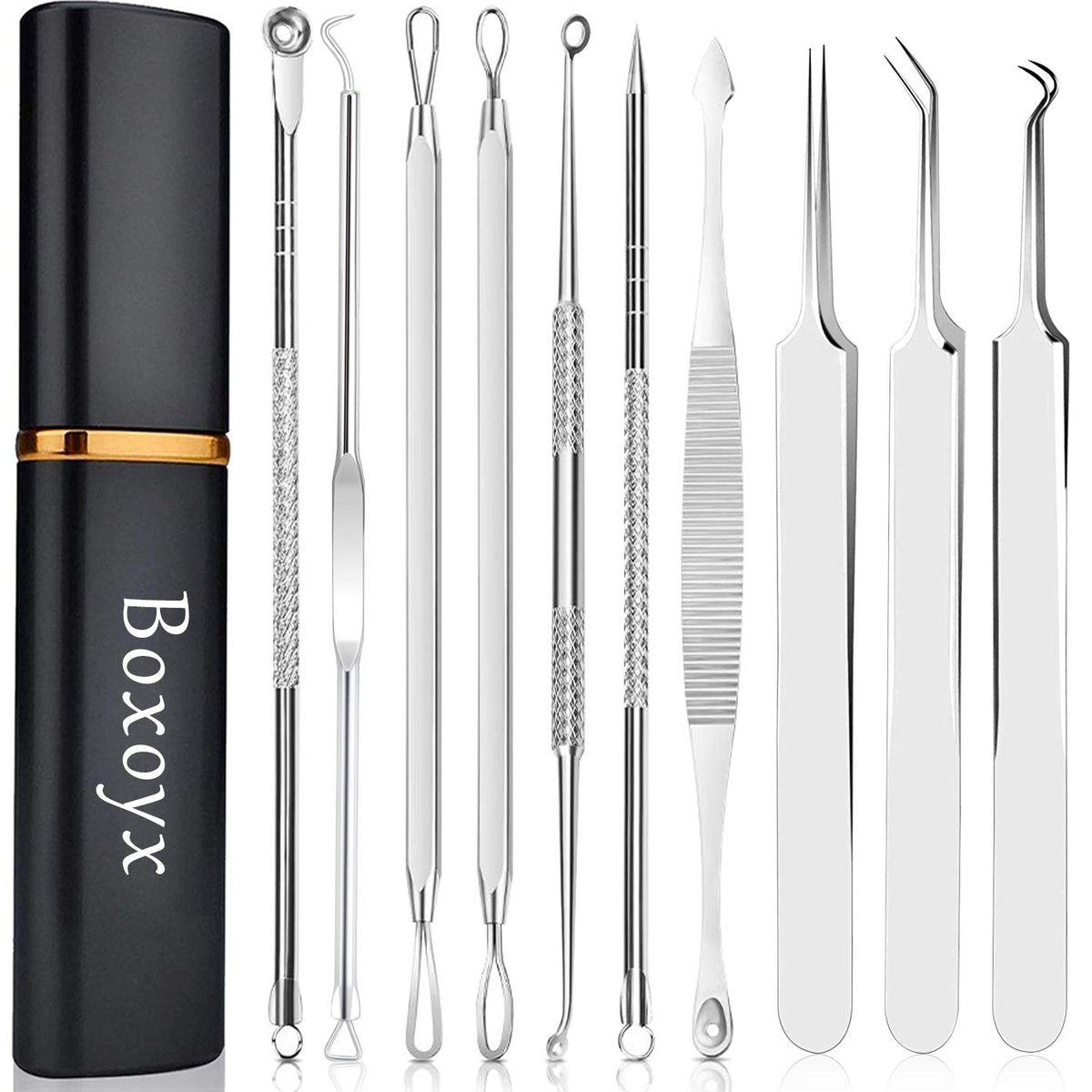 Boxoyx 10-Piece Pimple Popper Tool Kit – Stainless Steel Blackhead Remover Set with Metal Case for Facial, Nose & Forehead (Silver) Avelisse
