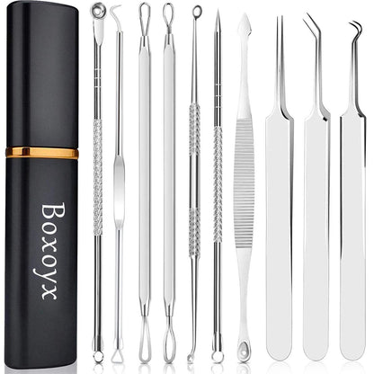 Boxoyx 10-Piece Pimple Popper Tool Kit – Stainless Steel Blackhead Remover Set with Metal Case for Facial, Nose & Forehead (Silver) Avelisse