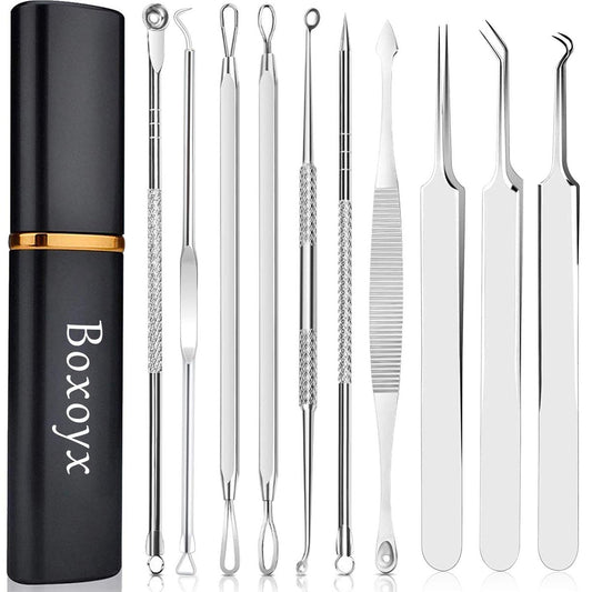 Boxoyx 10-Piece Pimple Popper Tool Kit – Stainless Steel Blackhead Remover Set with Metal Case for Facial, Nose & Forehead (Silver) Avelisse