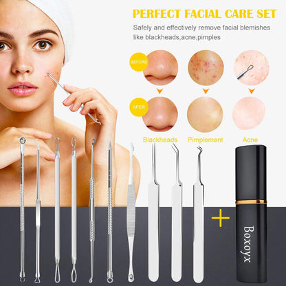 Boxoyx 10-Piece Pimple Popper Tool Kit – Stainless Steel Blackhead Remover Set with Metal Case for Facial, Nose & Forehead (Silver) Avelisse
