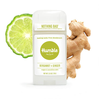 Humble Aluminum-Free Natural Deodorant for Women & Men, Bergamot & Ginger - Baking Soda-Free, Sensitive Skin Safe, Long-Lasting Odor Control, 2.5 Oz