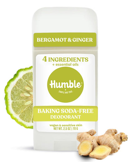 Humble Aluminum-Free Natural Deodorant for Women & Men, Bergamot & Ginger - Baking Soda-Free, Sensitive Skin Safe, Long-Lasting Odor Control, 2.5 Oz