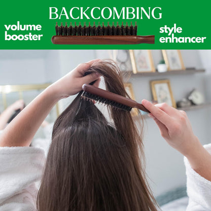 GranNaturals Boar & Nylon Bristle Styling Brush with Teasing Comb - Rat Tail Pick for Volume, Smoothing & Edge Control