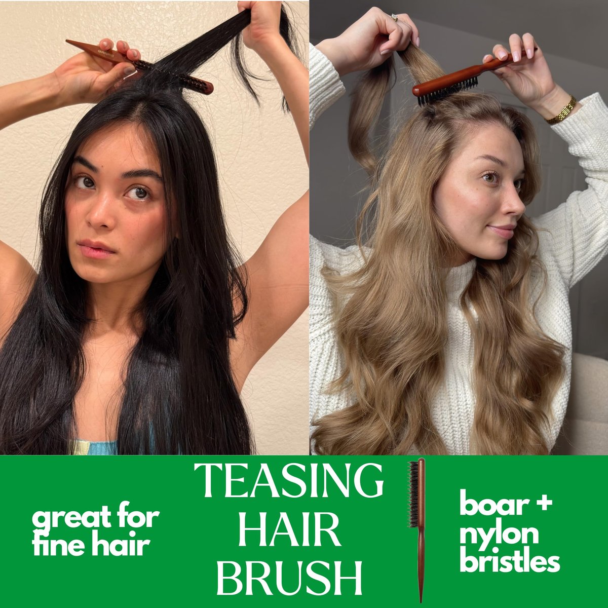 GranNaturals Boar & Nylon Bristle Styling Brush with Teasing Comb - Rat Tail Pick for Volume, Smoothing & Edge Control - görsel 3