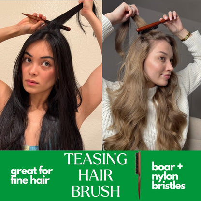 GranNaturals Boar & Nylon Bristle Styling Brush with Teasing Comb - Rat Tail Pick for Volume, Smoothing & Edge Control