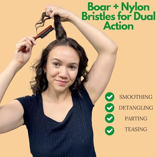 GranNaturals Boar & Nylon Bristle Styling Brush with Teasing Comb - Rat Tail Pick for Volume, Smoothing & Edge Control - görsel 14