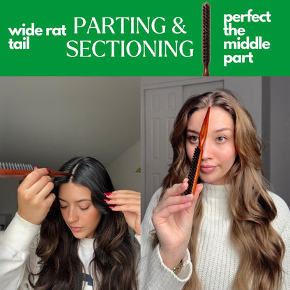 GranNaturals Boar & Nylon Bristle Styling Brush with Teasing Comb - Rat Tail Pick for Volume, Smoothing & Edge Control