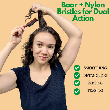GranNaturals Boar & Nylon Bristle Styling Brush with Teasing Comb - Rat Tail Pick for Volume, Smoothing & Edge Control