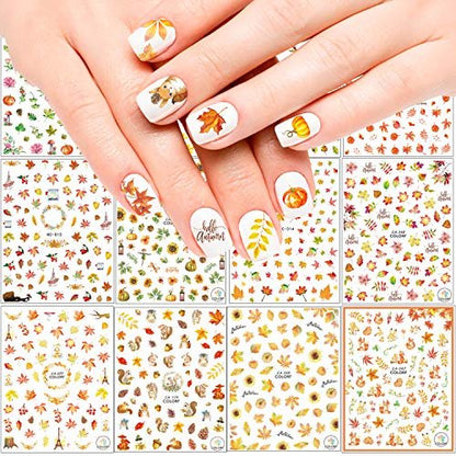Adurself 1000+ Patterns Autumn Nail Art Decals - Fall 3D Nail Stickers Harvest Pumpkin Maple Leaves Sunflower Squirrel for Women Girls Kids DIY Nail Design Manicure Thanksgiving Day