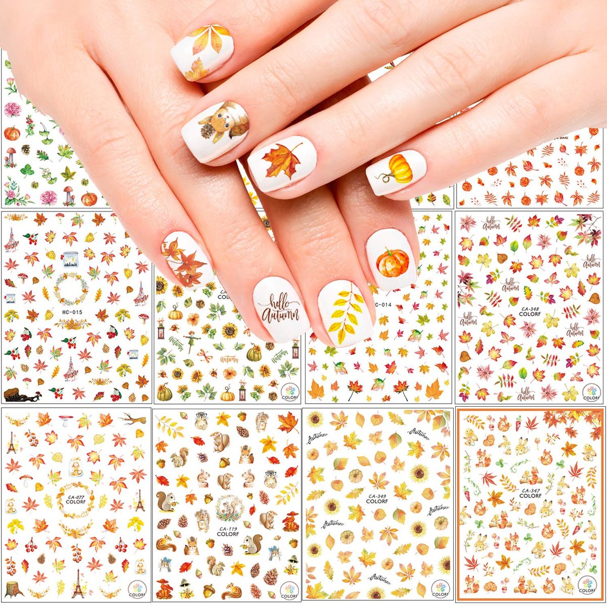 Adurself 1000+ Patterns Autumn Nail Art Decals - Fall 3D Nail Stickers Harvest Pumpkin Maple Leaves Sunflower Squirrel for Women Girls Kids DIY Nail Design Manicure Thanksgiving Day - görsel 2