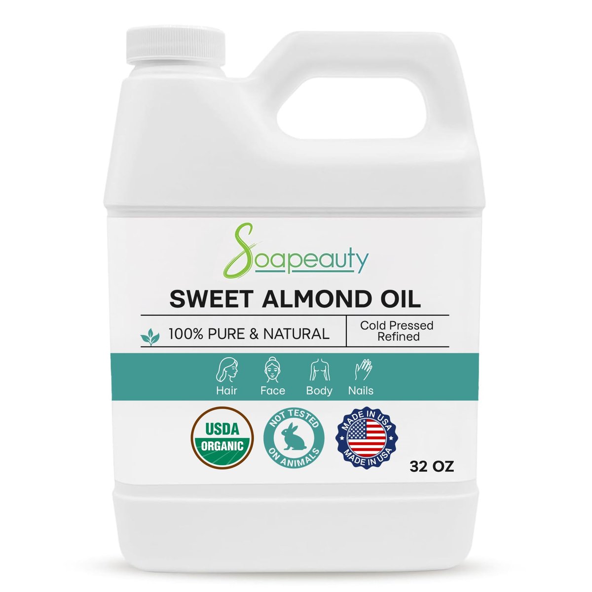 Soapeauty Sweet Almond Oil - Cold Pressed, Refined, USDA Organic - 100% Pure & Natural - Carrier Oil for Essential Oils, Massage, Skin, Face, Hair, Soap Making, DIY - 32 fl oz Avelisse