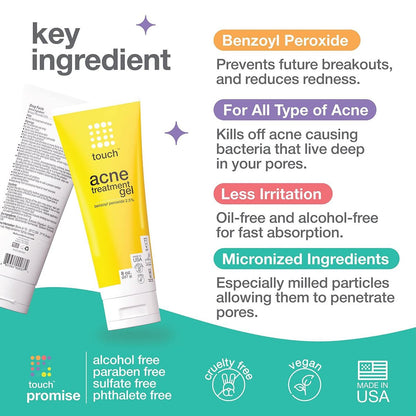 Touch Benzoyl Peroxide 2.5% Gel Cream for Acne – Spot & Daily Treatment, Non-Drying, 8 oz