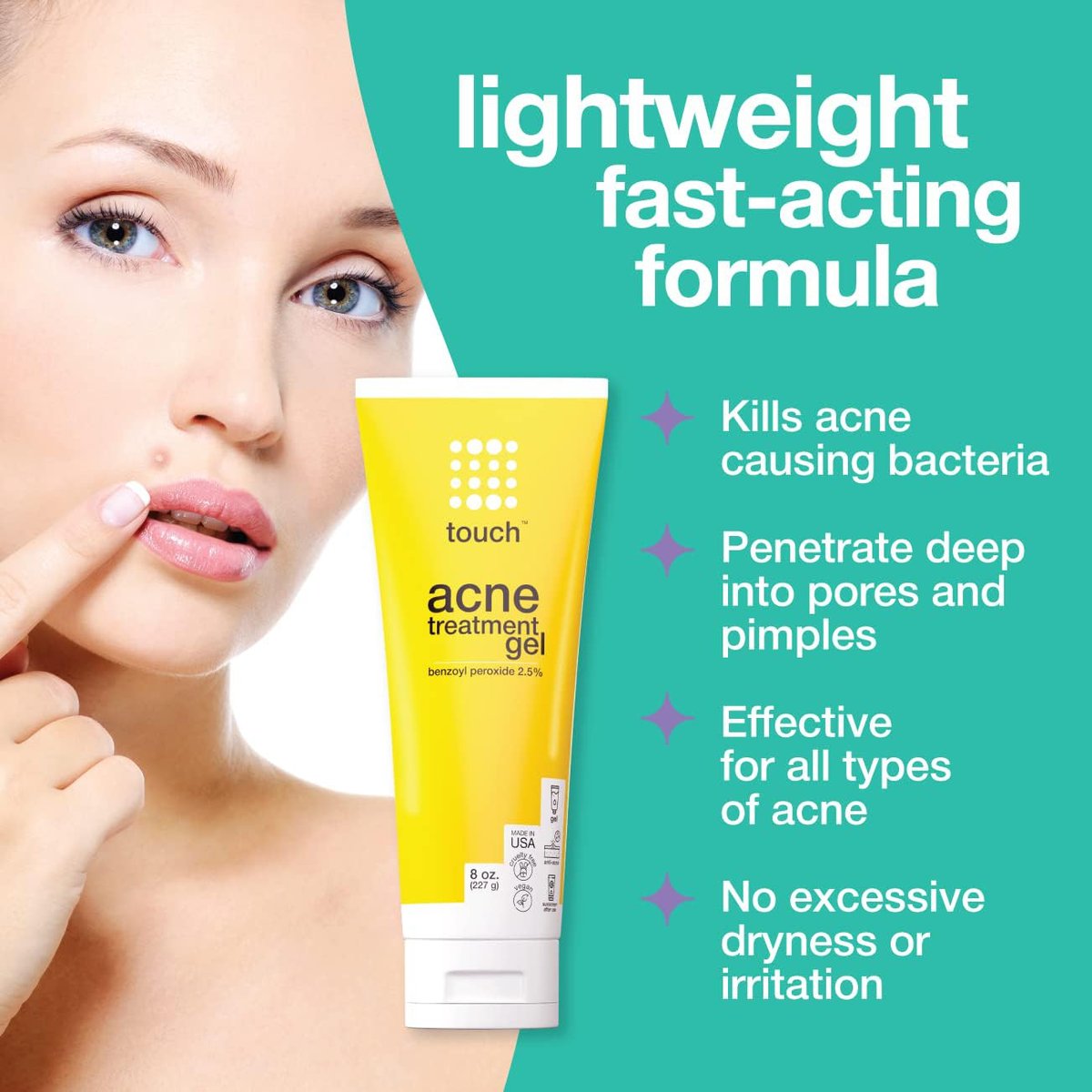 Touch Benzoyl Peroxide 2.5% Gel Cream for Acne – Spot & Daily Treatment, Non-Drying, 8 oz - görsel 4