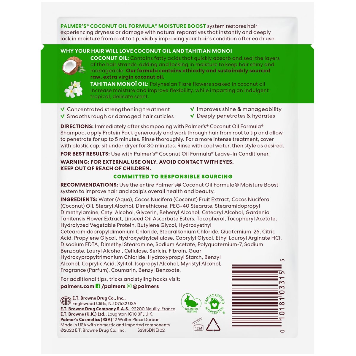Palmer's Coconut Oil Formula Moisture Boost Protein Pack - 2.1 oz (Pack of 12) - Deep Conditioning Hair Treatment for Dry, Damaged, Over-Processed and Colored Hair Avelisse