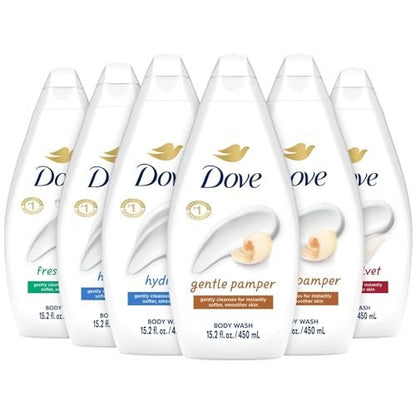 Dove Body Wash Variety 6-Pack: Hydrate, Gentle Pamper, Fresh Care & Silky Velvet – 15.2 oz Each Avelisse