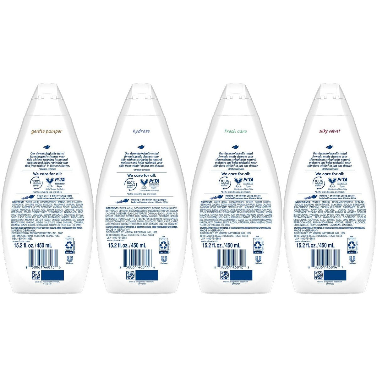 Dove Body Wash Variety 6-Pack: Hydrate, Gentle Pamper, Fresh Care & Silky Velvet – 15.2 oz Each Avelisse