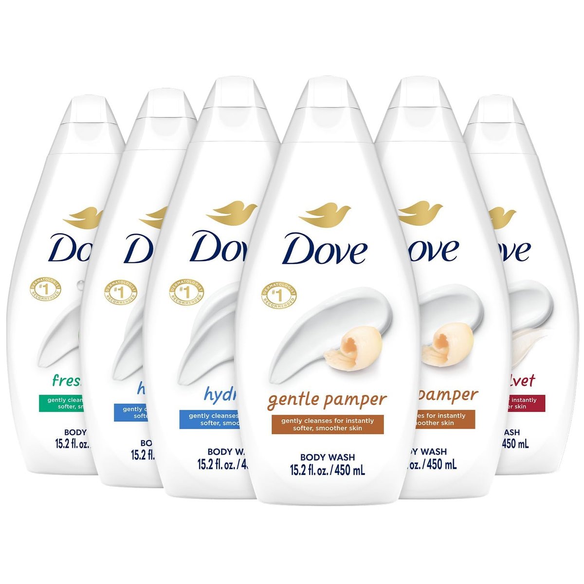 Dove Body Wash Variety 6-Pack: Hydrate, Gentle Pamper, Fresh Care & Silky Velvet – 15.2 oz Each Avelisse