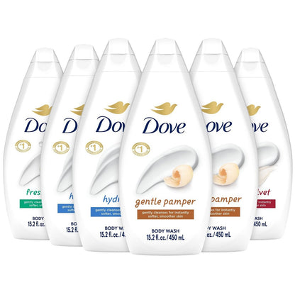 Dove Body Wash Variety 6-Pack: Hydrate, Gentle Pamper, Fresh Care & Silky Velvet – 15.2 oz Each Avelisse