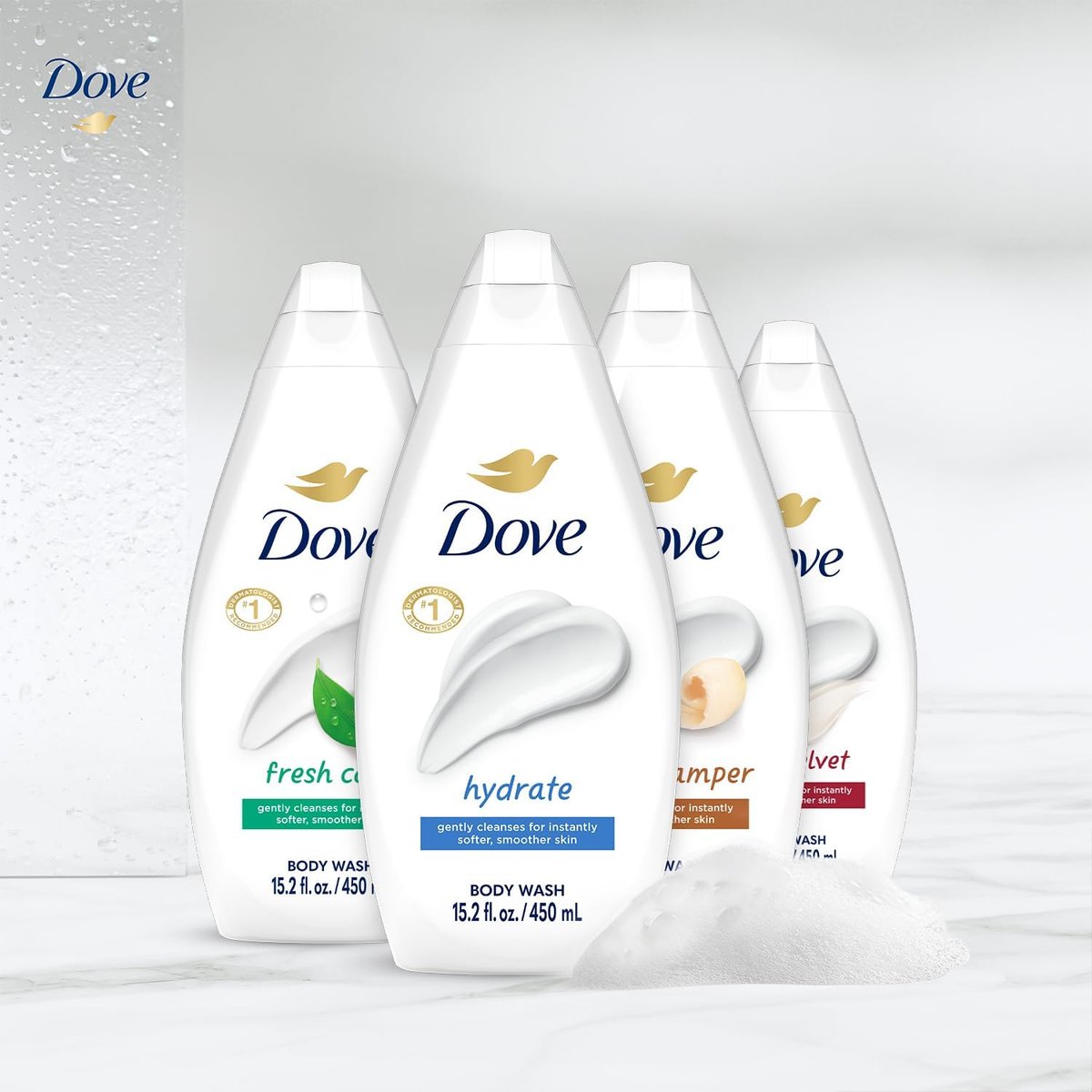 Dove Body Wash Variety 6-Pack: Hydrate, Gentle Pamper, Fresh Care & Silky Velvet – 15.2 oz Each Avelisse