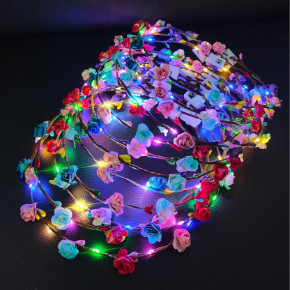 12 Pack LED Flower Headband Crown - Glow in The Dark Party Supplies for Men Women, Light Up Headdress for Halloween Wedding Birthday Avelisse