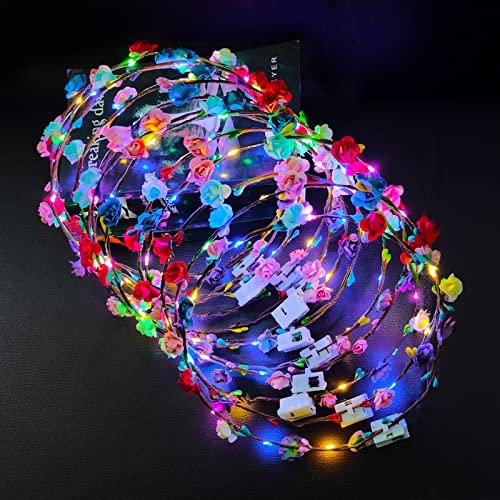12 Pack LED Flower Headband Crown - Glow in The Dark Party Supplies for Men Women, Light Up Headdress for Halloween Wedding Birthday Avelisse