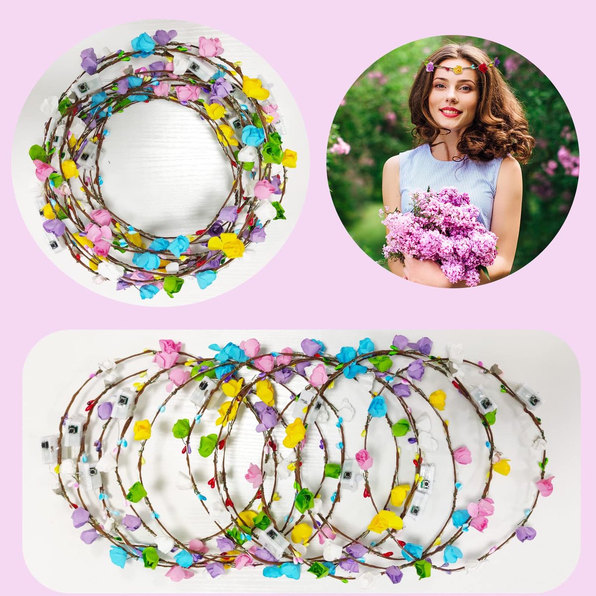 12 Pack LED Flower Headband Crown - Glow in The Dark Party Supplies for Men Women, Light Up Headdress for Halloween Wedding Birthday Avelisse
