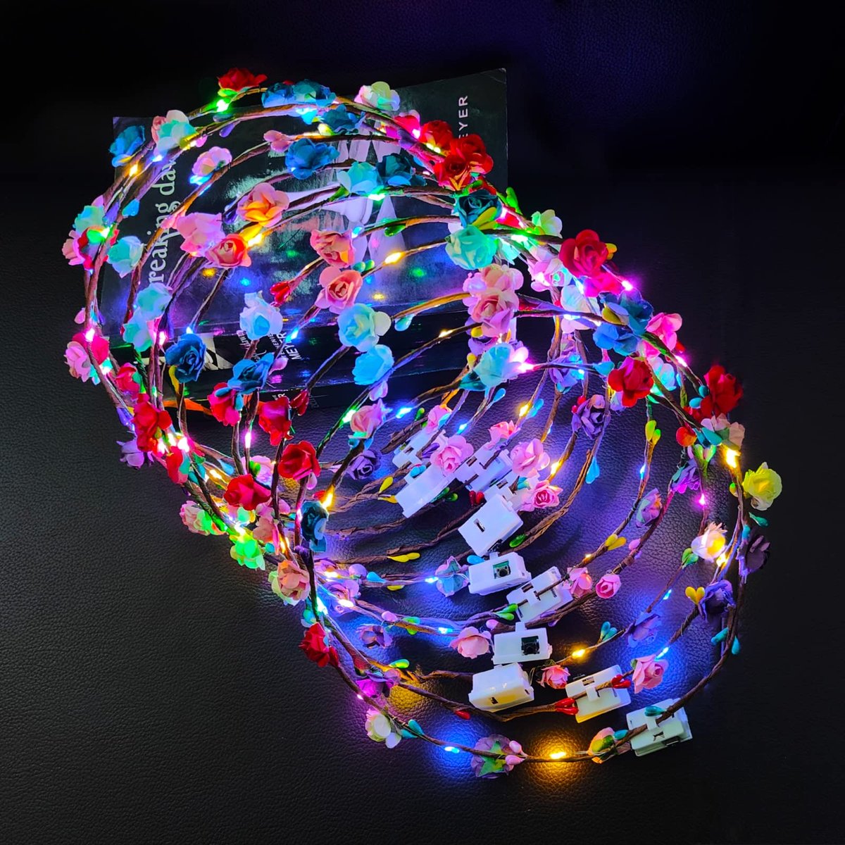 12 Pack LED Flower Headband Crown - Glow in The Dark Party Supplies for Men Women, Light Up Headdress for Halloween Wedding Birthday Avelisse