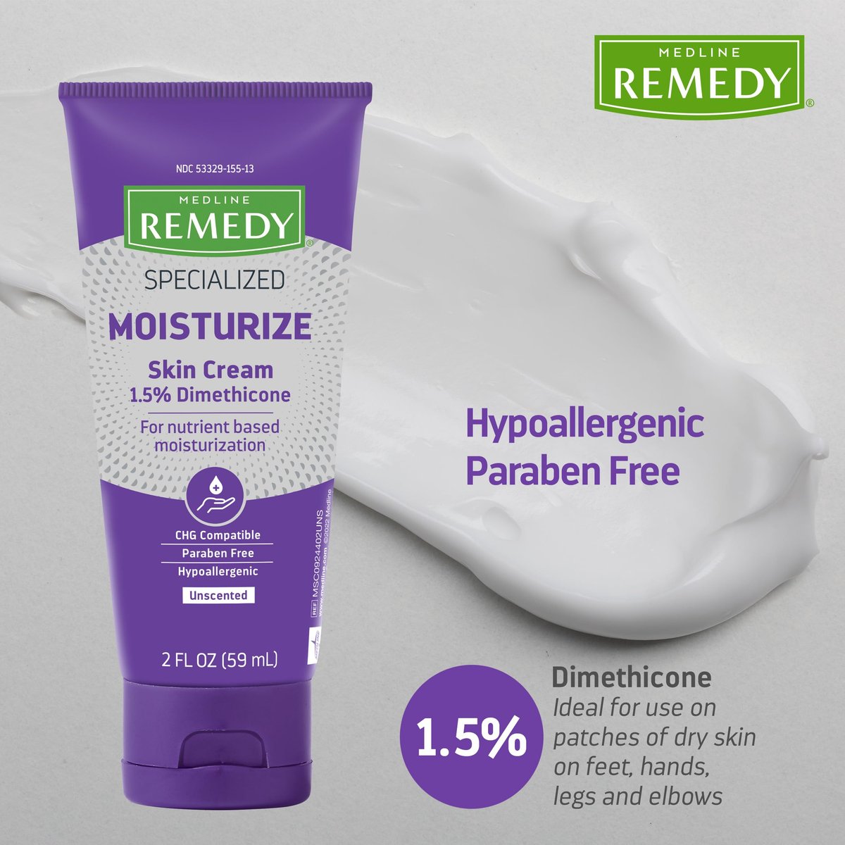Medline Remedy Specialized Skin Cream, Unscented, 2 fl oz - Nourishing Moisturizer for Dry & Sensitive Skin with 1.5% Dimethicone, Paraben-Free, Hypoallergenic - görsel 7