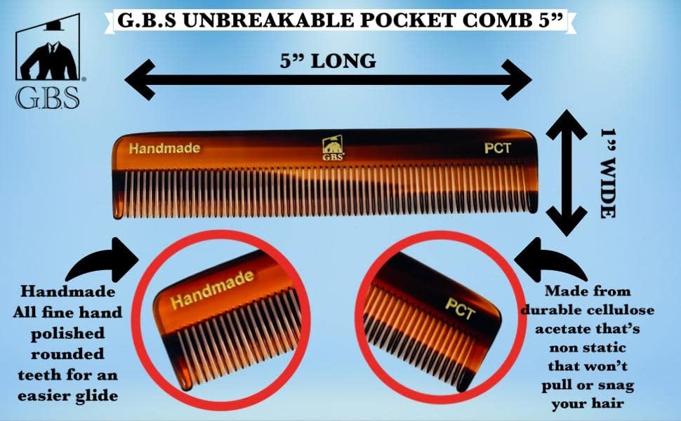 GENTS PCT 5-Inch Fine Tooth Pocket Hair Comb 3-Pack - Tortoise Shell Cellulose Acetate Combs for Men & Women, Anti-Static, Durable & Travel-Friendly Avelisse