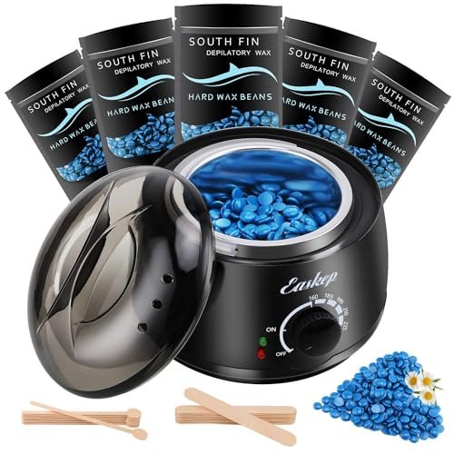 Easkep Waxing Kit with Warmer, 6 Adjustable Temperature Settings, 5 Packs Hard Wax Beads & 20 Wooden Applicator Sticks – Painless Hair Removal for Legs, Face, Underarm, Bikini, Brazilian Avelisse