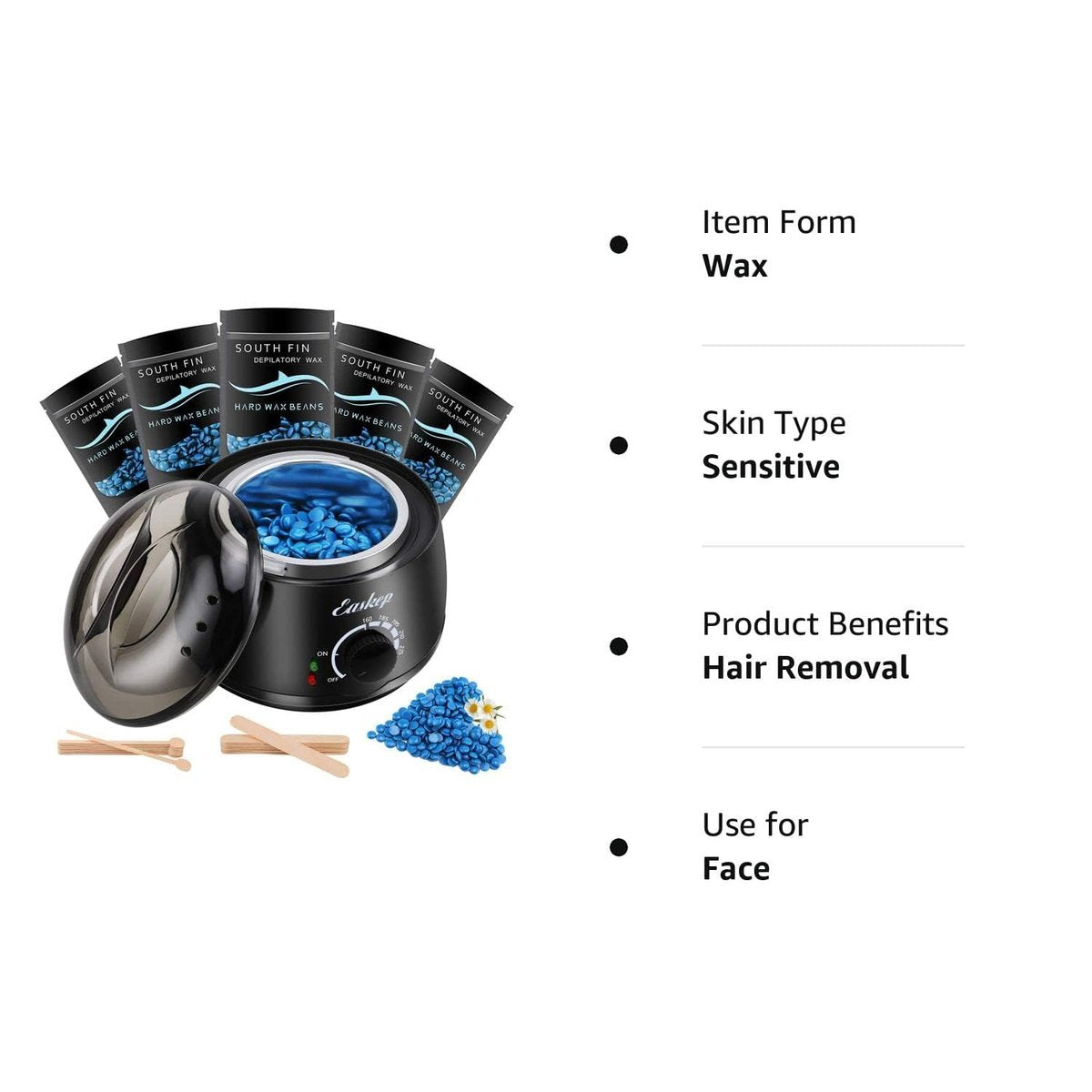 Easkep Waxing Kit with Warmer, 6 Adjustable Temperature Settings, 5 Packs Hard Wax Beads & 20 Wooden Applicator Sticks – Painless Hair Removal for Legs, Face, Underarm, Bikini, Brazilian Avelisse