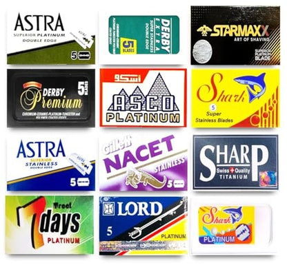 60 Double Edge Razor Blades Sampler - 12 Different Brands (5 Each) | Astra, Derby, Shark, Starmaxx, Sharp, Lord & More Avelisse