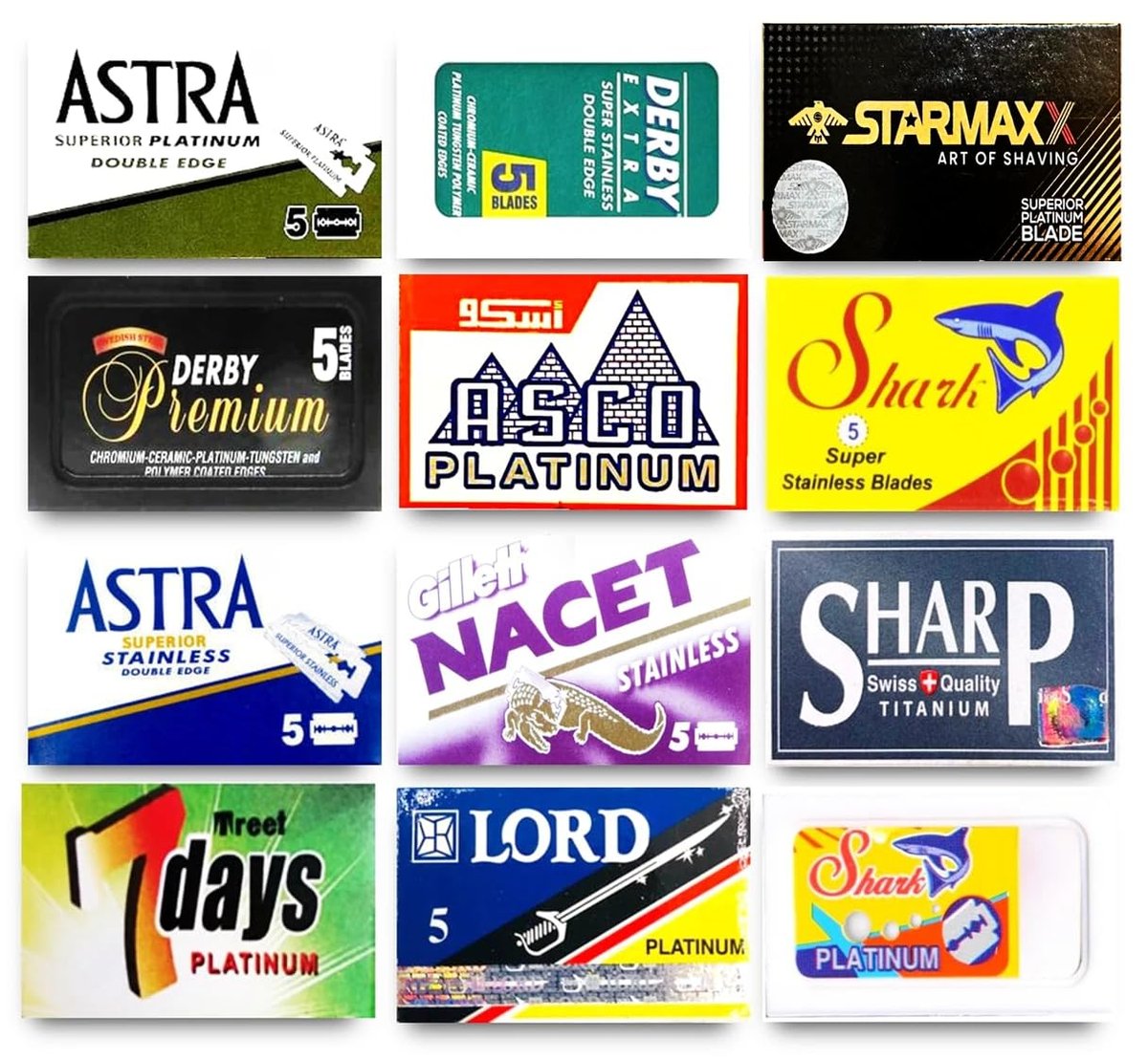 60 Double Edge Razor Blades Sampler - 12 Different Brands (5 Each) | Astra, Derby, Shark, Starmaxx, Sharp, Lord & More Avelisse