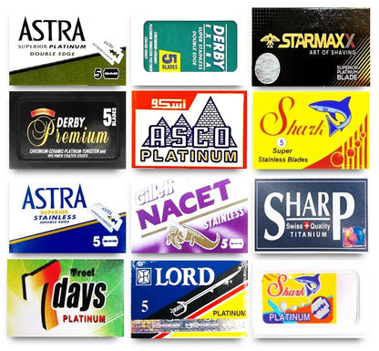 60 Double Edge Razor Blades Sampler - 12 Different Brands (5 Each) | Astra, Derby, Shark, Starmaxx, Sharp, Lord & More Avelisse