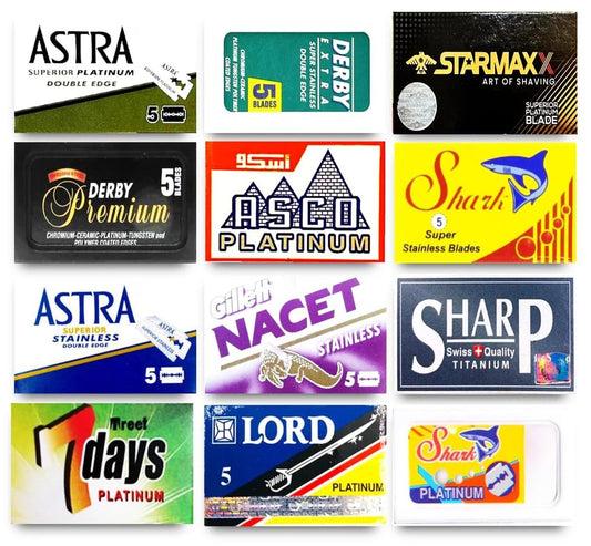 60 Double Edge Razor Blades Sampler - 12 Different Brands (5 Each) | Astra, Derby, Shark, Starmaxx, Sharp, Lord & More Avelisse